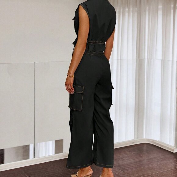 Women's Pocket Drawstring Waist Sleeveless Top And Casual Pants Set - Picture 3 of 4